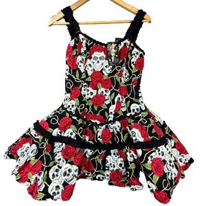 Living Dead Souls Skull Roses Corset Dress Women XL Red Black Romantic Gothic 90